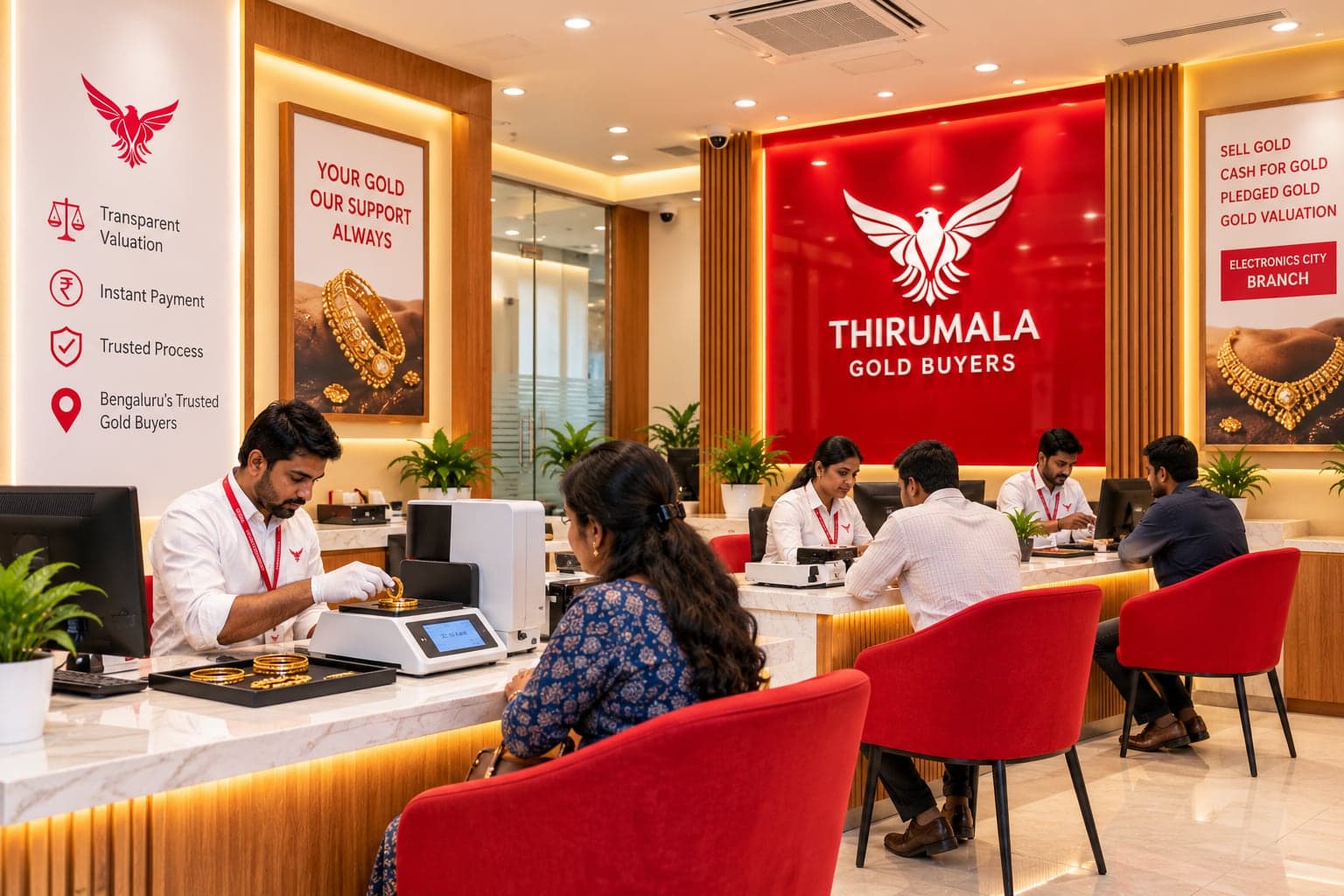 Thirumala Gold Buyers Electronic City Bangalore interior and gold testing counter