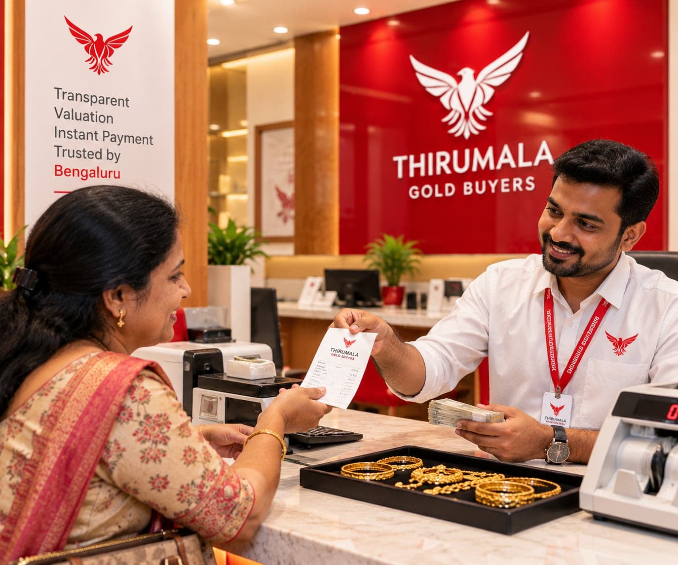 Customer selling gold and receiving payment at Thirumala Gold Buyers Bangalore