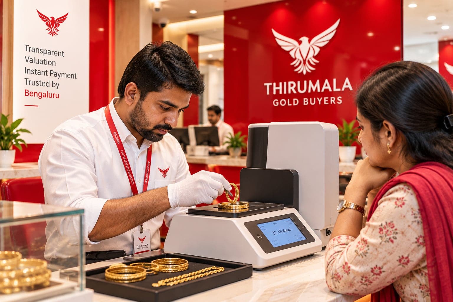 Staff testing gold purity on the testing machine while the customer watches, Thirumala Gold Buyers Bangalore